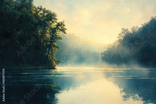 Serene Morning Mist over a Still Lake Surrounded by Lush Green Foliage