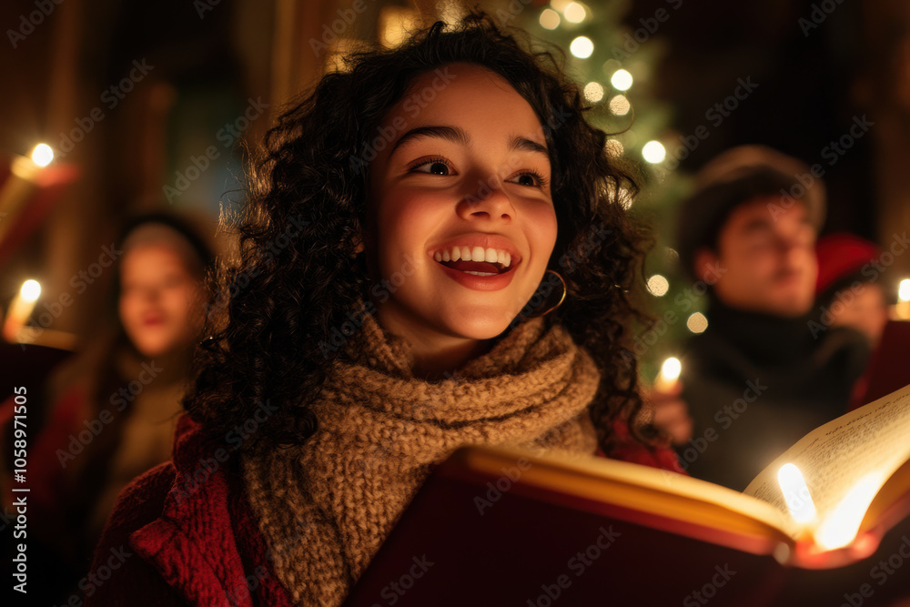 A joyful young woman smiles while reading during a cozy holiday gathering, surrounded by warm candlelight and festive decorations.