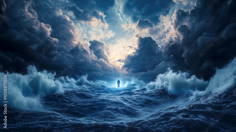 Solitary figure amidst dramatic ocean waves and clouds Solitary figure amidst dramatic ocean waves and clouds