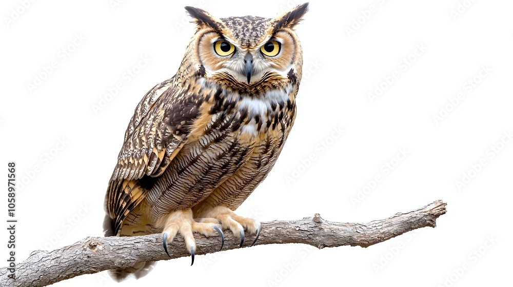 Heavyweight Owl Perched on Branch Feathers Puffed Intense Stare on White Background Heavyweight Owl Perched on Branch Feathers Puffed Intense Stare on White Background