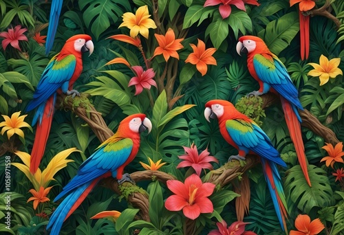 Tropical exotic pattern with animal and flowers in bright colors and lush vegetationn