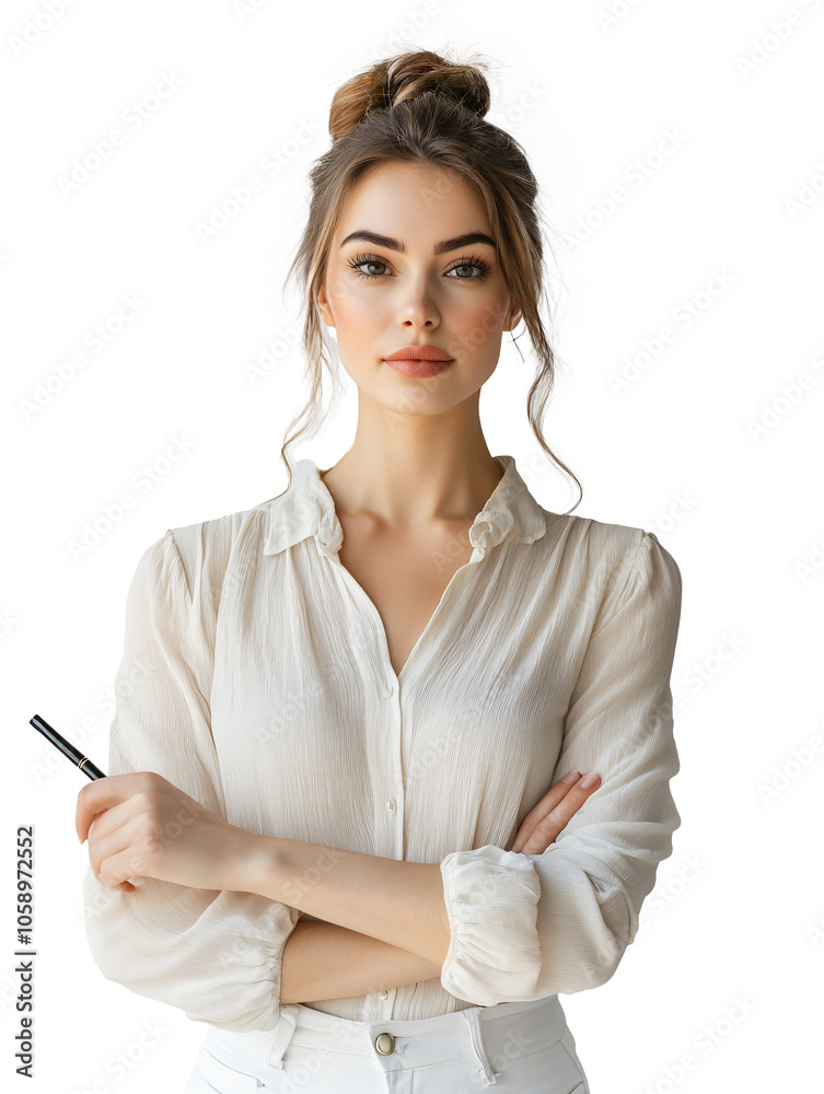 Portrait of a Confident Young Woman with Long Hair Styled in a Bun, Wearing a White Blouse and Pants, Holding a Pen with Arms Crossed, Radiating Authority and Self-Assurance. Portrait of a Confident Young Woman with Long Hair Styled in a Bun, Wearing a White Blouse and Pants, Holding a Pen with Arms Crossed, Radiating Authority and Self-Assurance.
