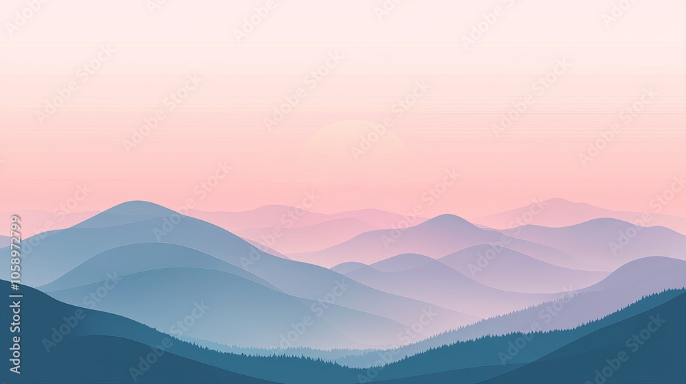 Obraz premium Serene mountain landscape at sunrise with soft pastel colors creating a tranquil atmosphere.