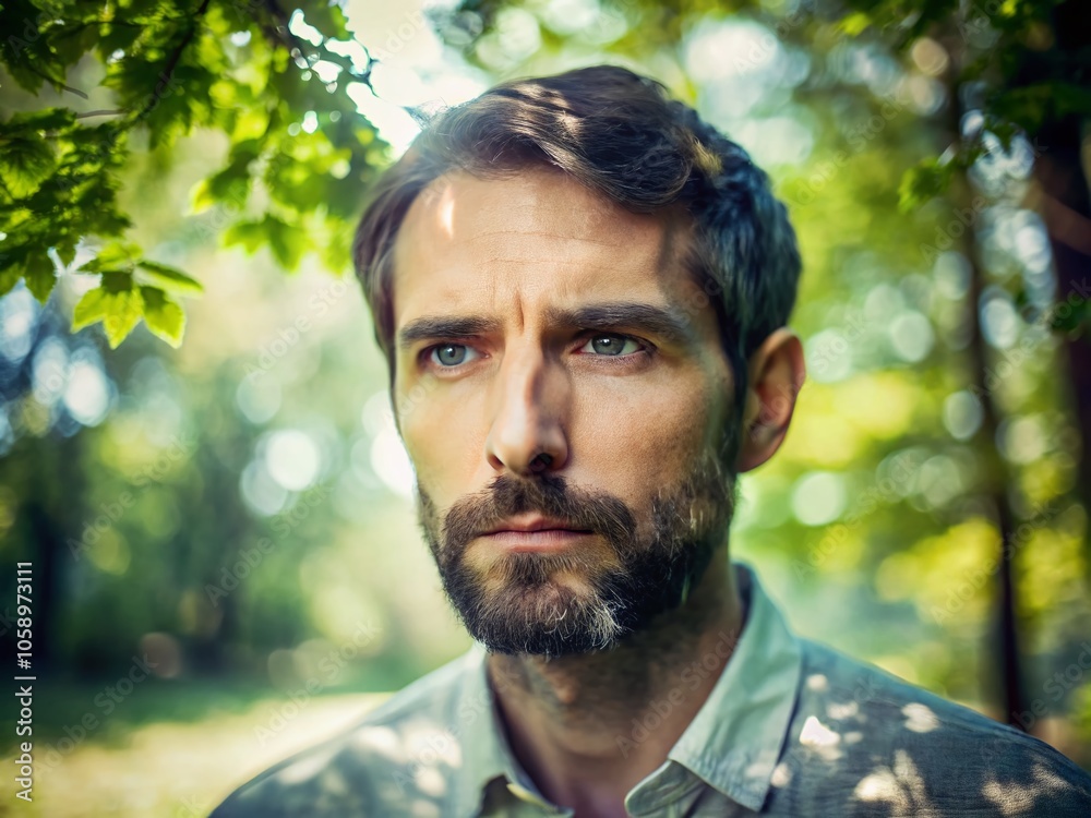 A park's peaceful setting contrasted with the worried expression of a man. A park's peaceful setting contrasted with the worried expression of a man.