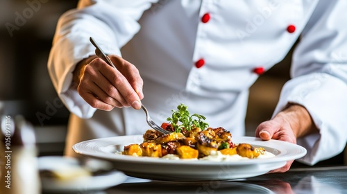 A chef delicately plating a gourmet dish with attention to detail and artistry, showcasing culinary skills.