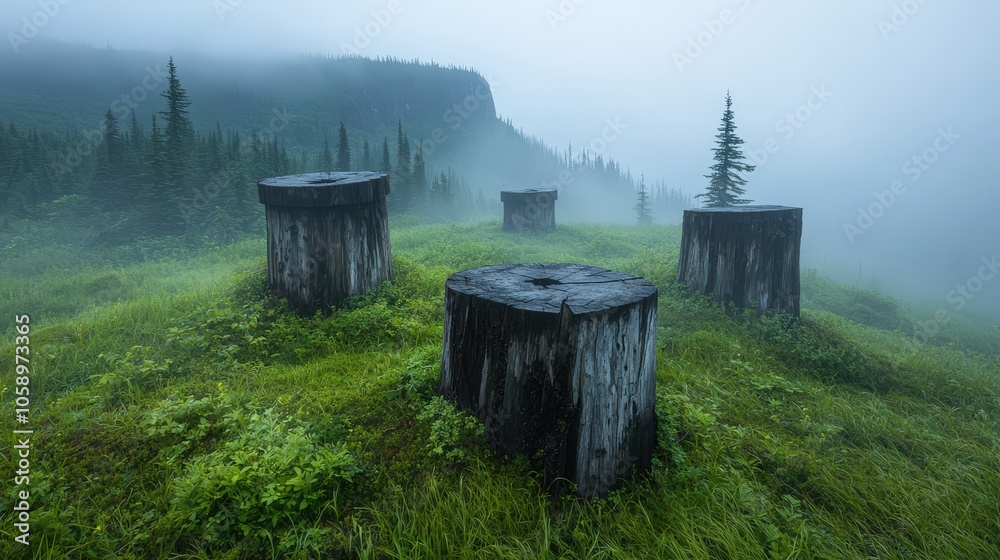 Misty Mountain Deforestation with Tree Stumps and Lone Tree Misty Mountain Deforestation with Tree Stumps and Lone Tree