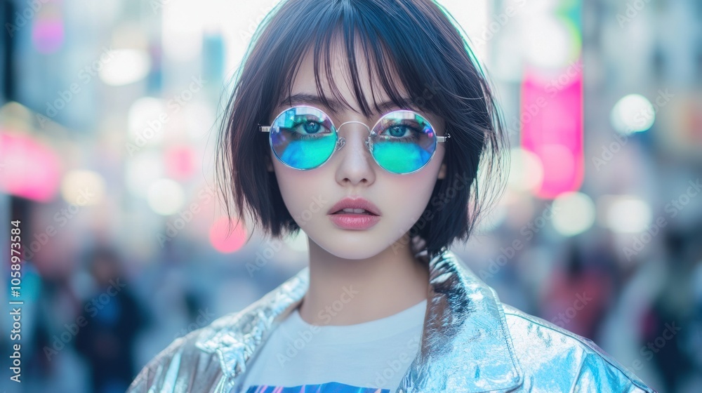 A stylish young woman in sunglasses poses in a vibrant urban setting.
