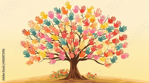 Colorful tree with handprints representing unity and diversity on a warm background.