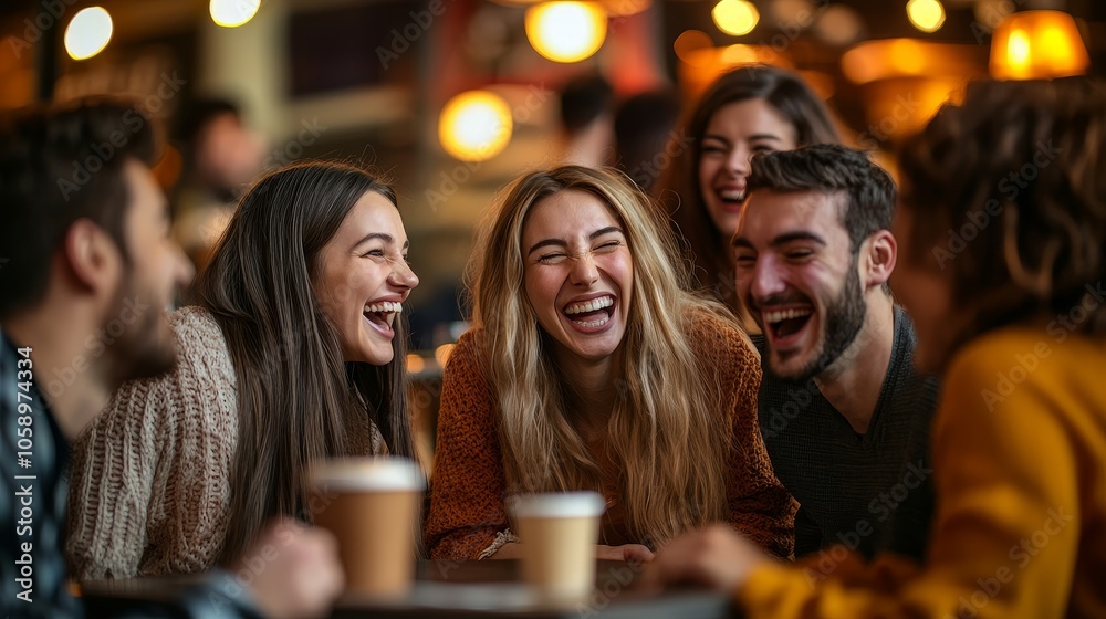 Group of friends laughing together in a cozy cafe with coffee cups on the table.