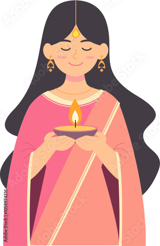 Indian Woman Holding Diya Lamp Celebrating Diwali Festival of Lights Illustration