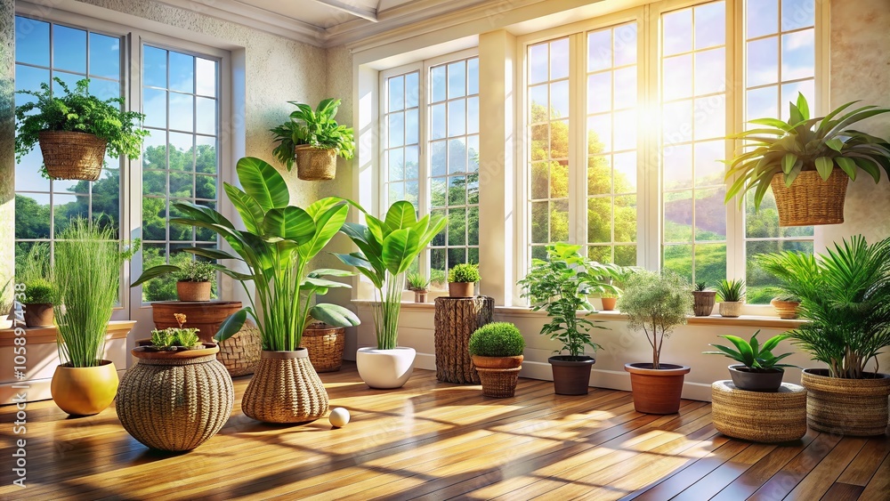 A symphony of light, airy space, woven textures, and verdant life fills a room basking in natural illumination. A symphony of light, airy space, woven textures, and verdant life fills a room basking in natural illumination.
