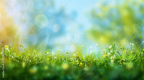 Sunny Spring Meadow Blur Background: Gradient from Blue Sky to Green Grass