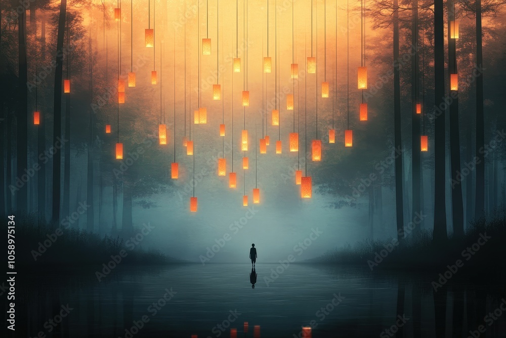 Obraz premium Serene Evening with Lanterns in Misty Forest
