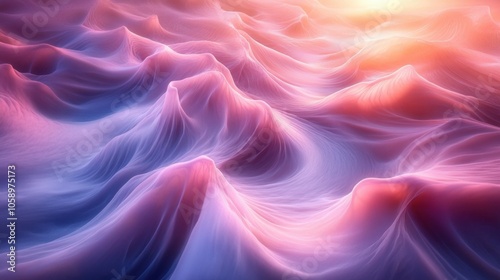 A mesmerizing view of soft, undulating waves with vibrant colors at sunset over an otherworldly landscape