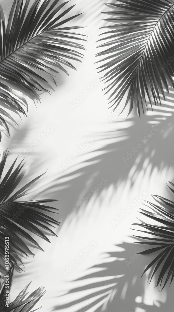 Fototapeta premium Black and white composition featuring palm leaves casting shadows on a plain background