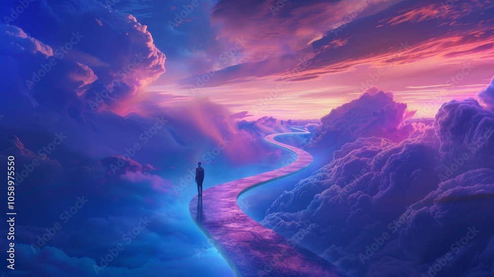 Fototapeta premium Spiritual man stands on the edge of an abstract endless road, gazing into the distance, surrounded by light blue and purple clouds surreal atmosphere. Afterlife death or road to a better place heaven