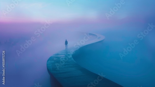 Spiritual man stands on the edge of an abstract endless road, gazing into the distance, surrounded by light blue and purple clouds surreal atmosphere. Afterlife death or road to a better place heaven