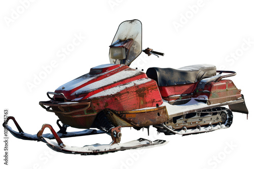 Old red snowmobile covered in snow on transparent background