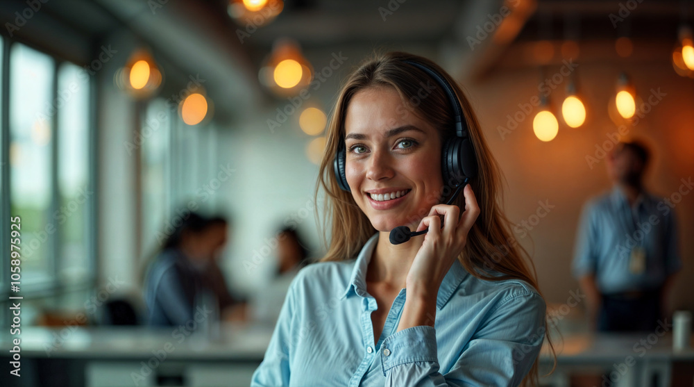 Smiling Female Customer Service Representative with Headset in Modern Office Environment, Providing Friendly and Professional Support Smiling Female Customer Service Representative with Headset in Modern Office Environment, Providing Friendly and Professional Support