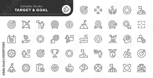 Target, goal line icon set. Success, achievement, mission, winner and more. Series in linear style. Outline icon collection. Conceptual vector pictogram