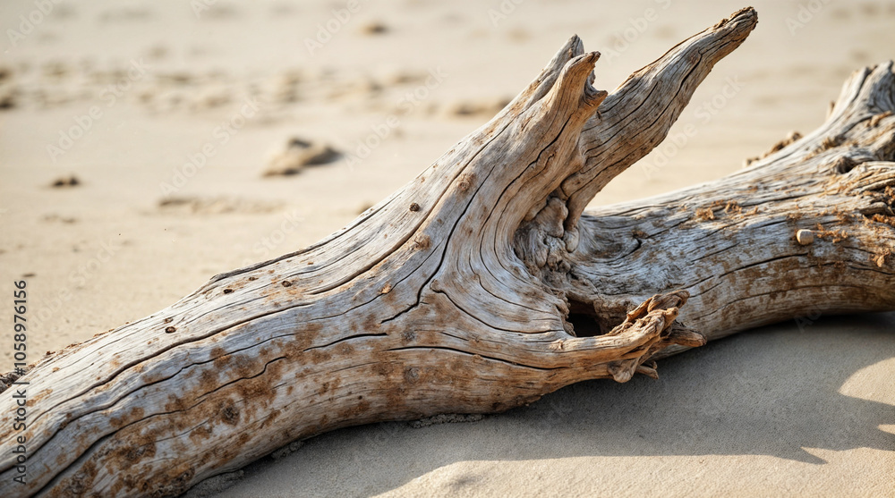 Naklejka premium Weathered Driftwood Log on Sandy Beach with Detailed Texture and Natural Patterns