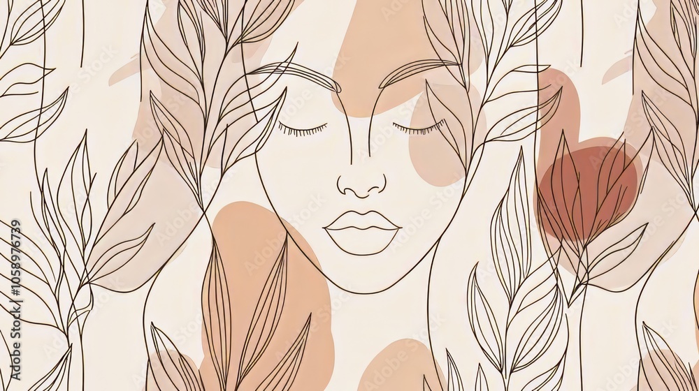 Minimalist line art of a woman's serene face surrounded by abstract leaves and warm earthy shapes in beige and terracotta. Modern and calming aesthetic. AI generative. Minimalist line art of a woman's serene face surrounded by abstract leaves and warm earthy shapes in beige and terracotta. Modern and calming aesthetic. AI generative.