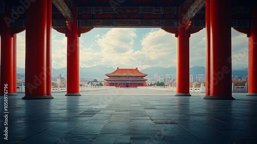 Traditional Chinese Architecture with Platform, Road, and Parking Area on Brick Surface for Automotive Advertisement Featuring Blank Background photo