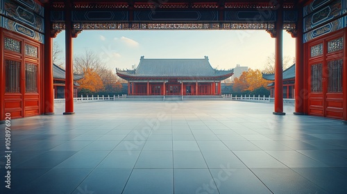 Traditional Chinese Architecture with Platform, Road, and Parking Area on Brick Surface for Automotive Advertisement Featuring Blank Background photo