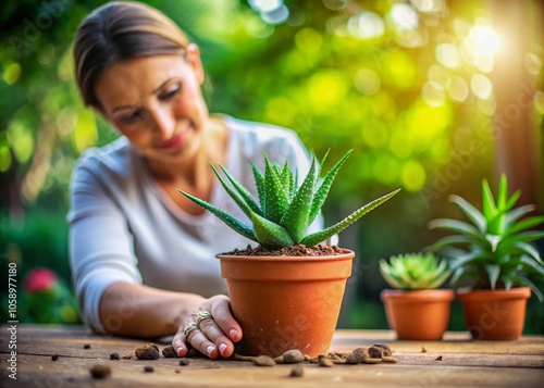 Blurred by motion, she repots an aloe in a miniature world. photo