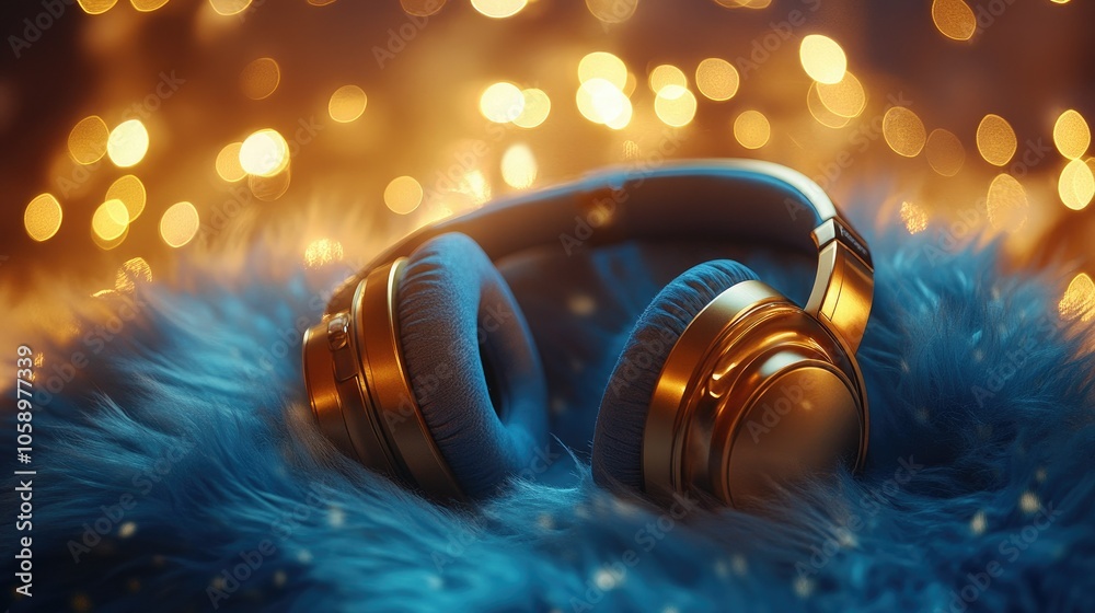 Fototapeta premium Exquisite golden headphones rest on a plush blue cushion, illuminated by soft bokeh lights, evoking luxury and tranquility for music lovers.