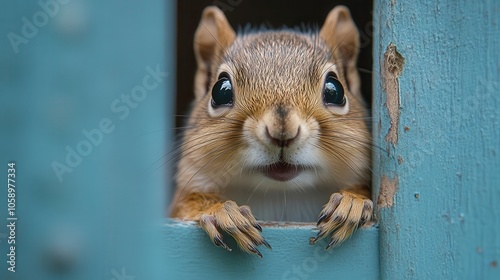 surprised squirrel peeking from behind a corner, with a whimsical blue background created through technology, capturing the essence of curiosity and playfulness in wildlife
