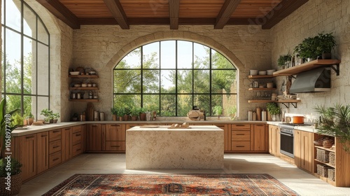 Modern rustic kitchen with large windows showcasing nature outside on a sunny day in a cozy home environment