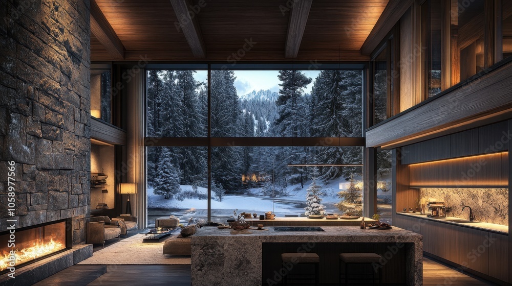 A cozy mountain cabin interior with a stunning winter landscape view showcasing elegance and warmth in a snowy retreat A cozy mountain cabin interior with a stunning winter landscape view showcasing elegance and warmth in a snowy retreat