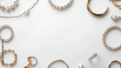 Wallpaper Mural Frame of modern fashion jewelry, including rings and necklaces, laid out on a white background for a sleek, polished look. Torontodigital.ca