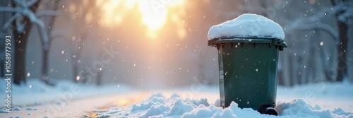 A recycle bin covered with snow after a snowstorm in winter.