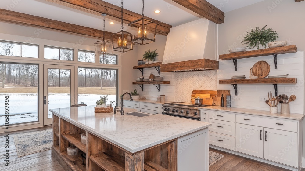 A cozy modern kitchen with wooden beams and open shelves, offering a serene view of the winter landscape outside A cozy modern kitchen with wooden beams and open shelves, offering a serene view of the winter landscape outside