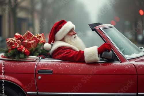 Santa sitting in festive red convertible, loaded with christmas gifts, ready to deliver a presents photo