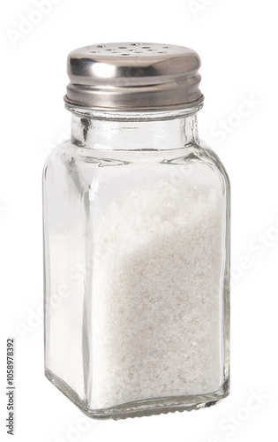 Salt shaker isolated. Heap of organic salt on white background.