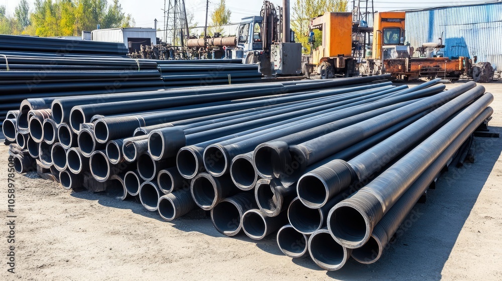 Industrial pipes for gas and water transportation, stacked in a storage area with factory equipment in the background Industrial pipes for gas and water transportation, stacked in a storage area with factory equipment in the background