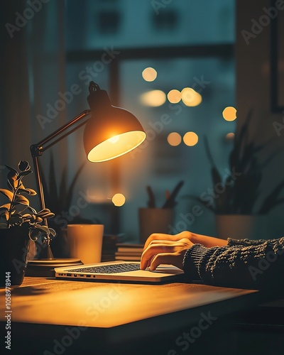 Eye problems Person working at a desk with a lamp at night. eyes care
