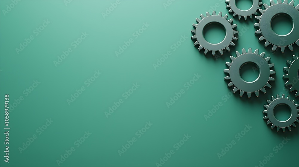 Abstract arrangement of mechanical gears on a teal background Abstract arrangement of mechanical gears on a teal background