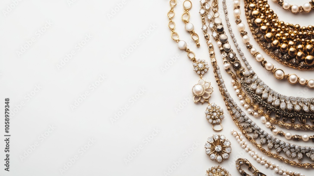 Minimalist frame of fashion jewelry displayed on a crisp white background, featuring chic necklaces and statement earrings.