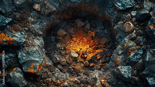 A small fire pit glowing with embers in the middle of a rocky area.