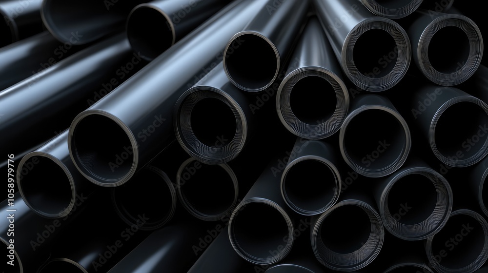 Pile of black HDPE pipes arranged in a neat stack, ready for industrial use in gas and water systems Pile of black HDPE pipes arranged in a neat stack, ready for industrial use in gas and water systems