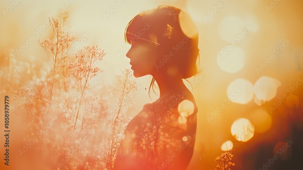 Silhouetted portrait of a woman in a dreamy, warm sunset scene, surrounded by delicate wildflowers and soft bokeh lights. Orange and golden hues evoke a peaceful, nostalgic atmosphere. AI generative. Silhouetted portrait of a woman in a dreamy, warm sunset scene, surrounded by delicate wildflowers and soft bokeh lights. Orange and golden hues evoke a peaceful, nostalgic atmosphere. AI generative.