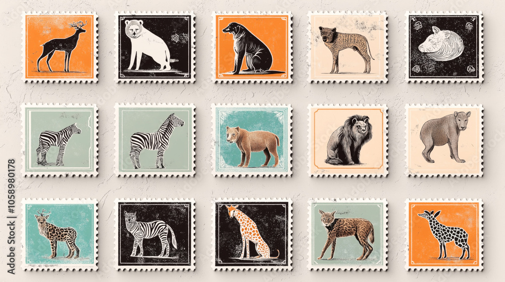 Obraz premium Illustration of sixteen vintage-style animal stamps featuring various wildlife including zebras, lions, giraffes, and other animals with textured backgrounds.