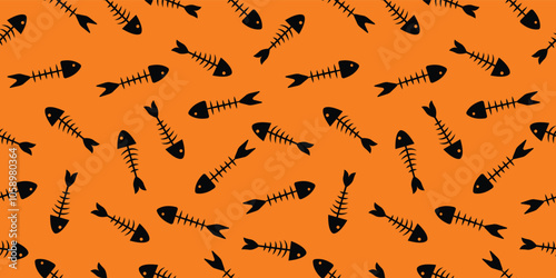 Seamless pattern of fish bones skeleton. Fish bone motif silhouette vector illustration on a orange background