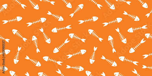 Seamless pattern of fish bones skeleton. Fish bone motif silhouette vector illustration on a orange background