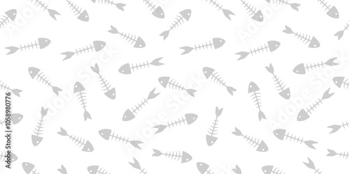 Seamless pattern of fish bones skeleton. Fish bone motif silhouette vector illustration on a white background