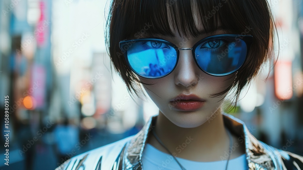 A close-up portrait of a stylish individual wearing sunglasses in an urban setting. A close-up portrait of a stylish individual wearing sunglasses in an urban setting.